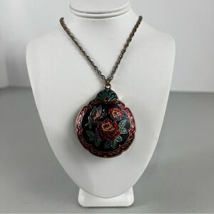 Vintage Cloisonné Locket Necklace Two Sided Flower And Butterfly Pendant